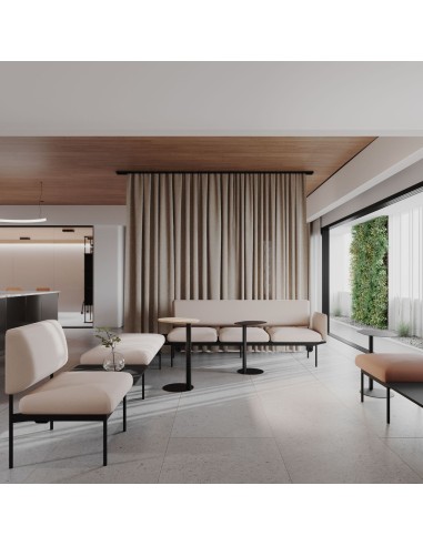 Banquettes Fora Care en tissu beige, agencement en salle d’attente – Fora Care