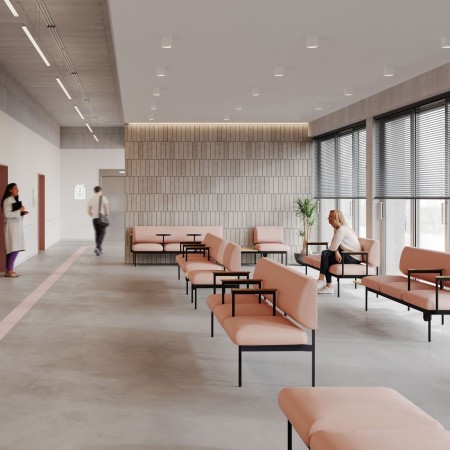 Banquette Fora Care avec accoudoirs, installation dans une salle d’attente – Fora Care