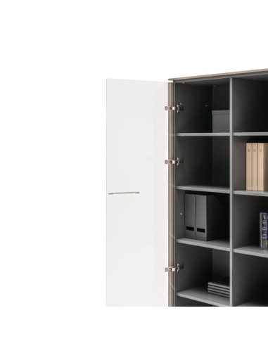 Armoire avec l'une des portes vitrées ouverte avec éléments de rangement à l'intérieur