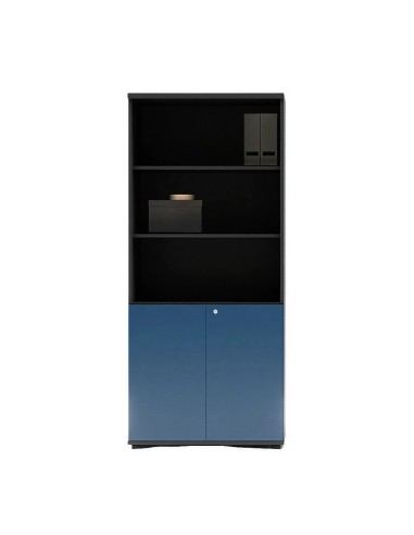 Armoire de rangement avec 2 portes battantes sur le bas et étagère ouverte sur le haut