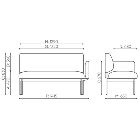 Dimensions du canapé deux places Fora Care avec accoudoir droit – Fora Care