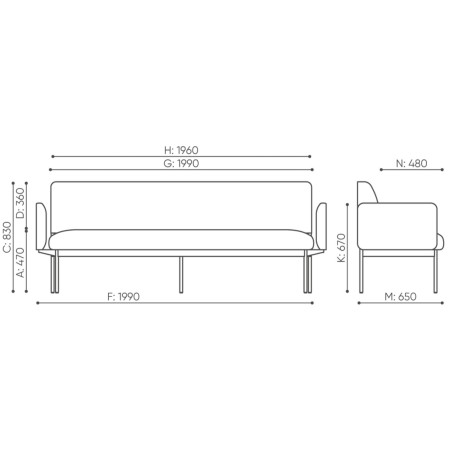 Dimensions du canapé trois places Fora Care avec accoudoirs – Fora Care
