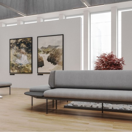 Salle d’attente avec canapé Fora Care en tissu gris clair – Fora Care