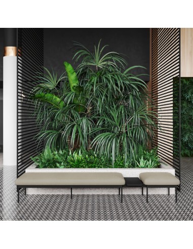 Banquette rectangulaire placée devant un mur végétal – Fora Care