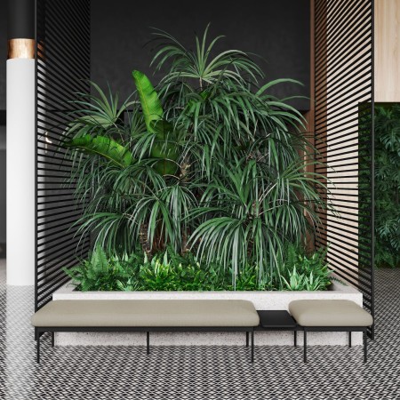 Banquette rectangulaire placée devant un mur végétal – Fora Care
