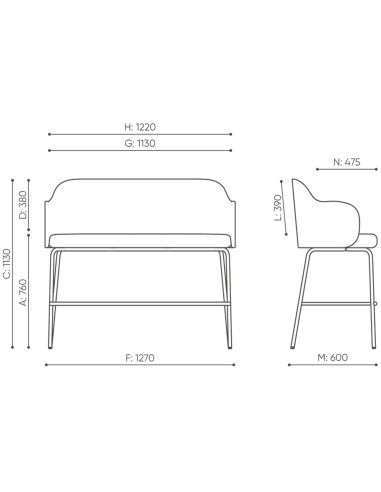 Schéma technique avec dimensions précises du banc – Flos