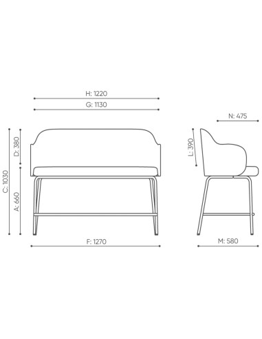 Dimensions détaillées du banc illustrées en schéma – Flos