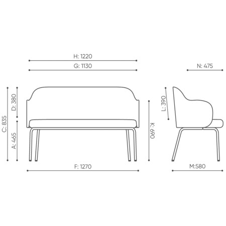 Dimensions techniques du banc Flos présentées en schéma
