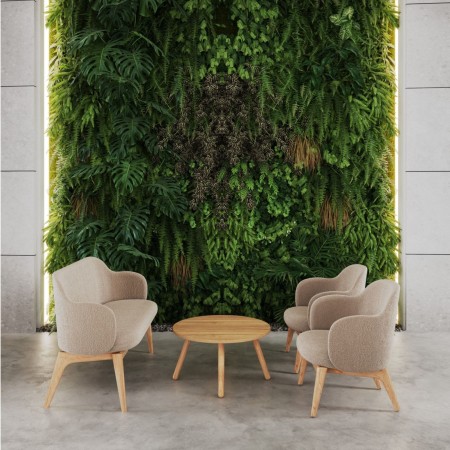 Vue de face du banc Flos en tissu brun avec piètement bois 2