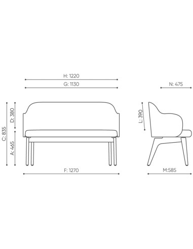 Schéma technique du banc Flos avec dimensions détaillées