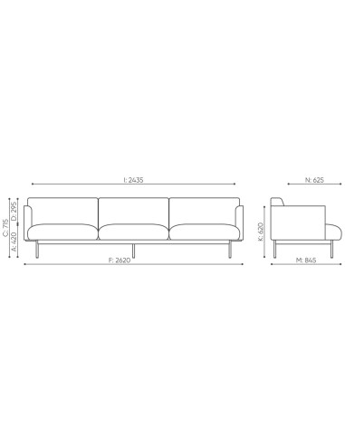 Dimensions détaillées du canapé Fora avec mesures - Fora