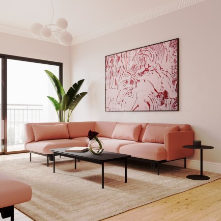 Salon moderne avec banquette acoustique rose et table basse noire - Fora