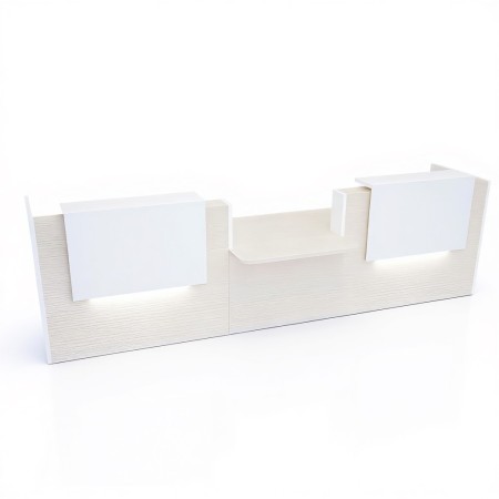 Grand meuble de réception en bois clair et 2 réhausses blanches