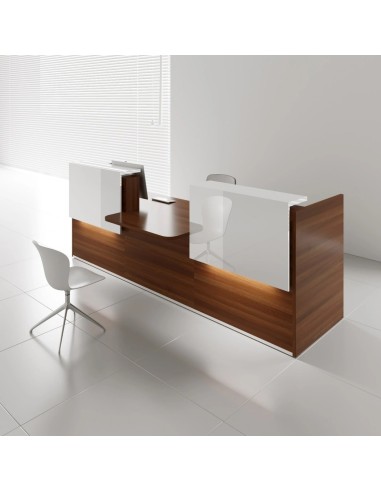 Meuble de réception en bois foncé avec 2 réhausses blanches et siège blanc