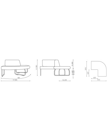 Dimensions de la banquette Legvan avec différentes vues - Legvan