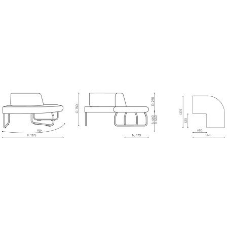 Dimensions de la banquette Legvan avec différentes vues - Legvan