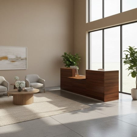 	Banque d'accueil en bois foncé avec module plus bas au centre 2