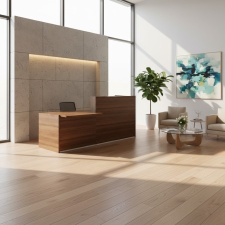 Banque d'accueil avec accès PMR dans lieu lumineux et accueillant