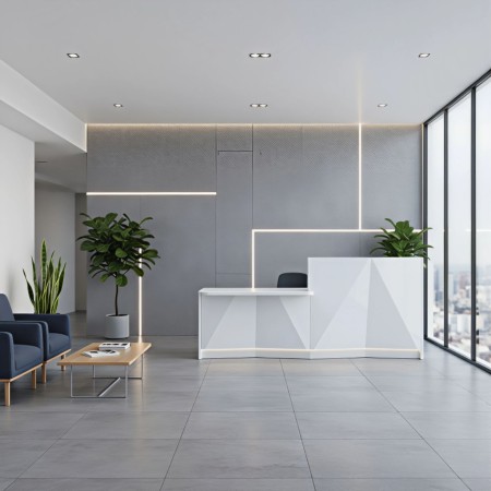 Meuble d'accueil blanc avec tablette intégrée 2