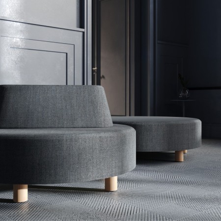 Canapés Nubi ronds en tissu gris, installation lounge moderne - Nubi