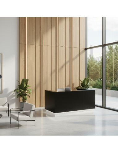 Banque d'accueil noire dans pièce lumineuse avec canapé d'accueil