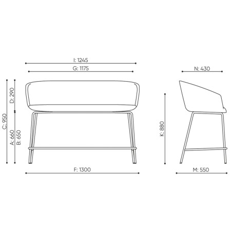 Dimensions banquette avec piètement métallique noir - Ox:co