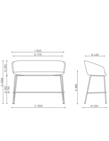 Dimensions banquette haute avec piètement métallique noir - Ox:co