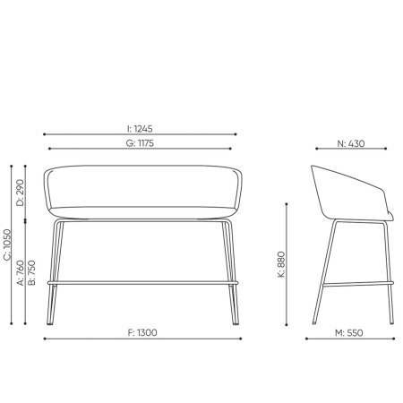 Dimensions banquette haute avec piètement métallique noir - Ox:co