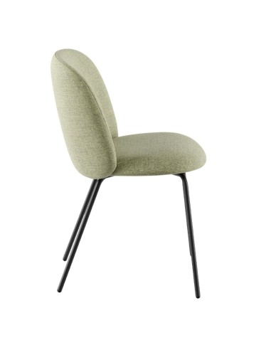 Chaise tapissée vert clair avec piètement métallique noir, vue de profil - Volta