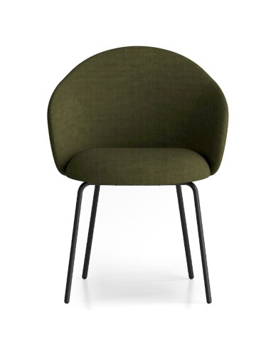 Chaise tapissée vert foncé avec piètement métallique noir, vue de face - Volta