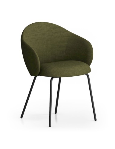 Chaise tapissée vert foncé avec piètement métallique noir, vue de trois-quarts - Volta