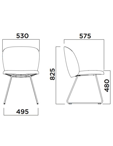 Dimensions chaise tapissée avec piètement luge métallique - Volta