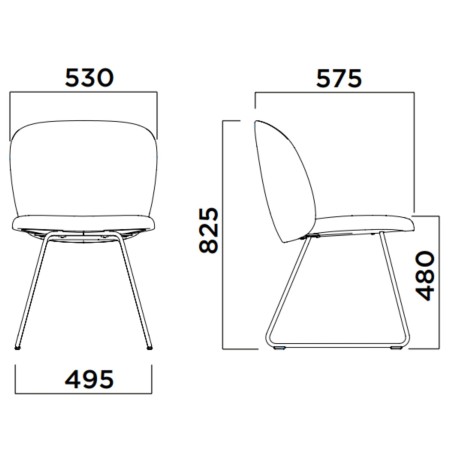Dimensions chaise tapissée avec piètement luge métallique - Volta