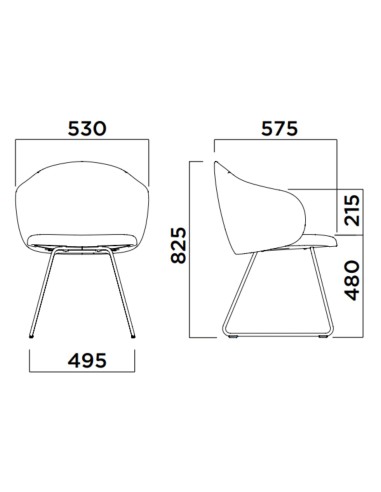 Dimensions chaise tapissée avec piètement luge métallique - Volta