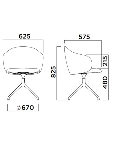 Dimensions de la chaise Volta pivotante avec indication des mesures et proportions - Volta