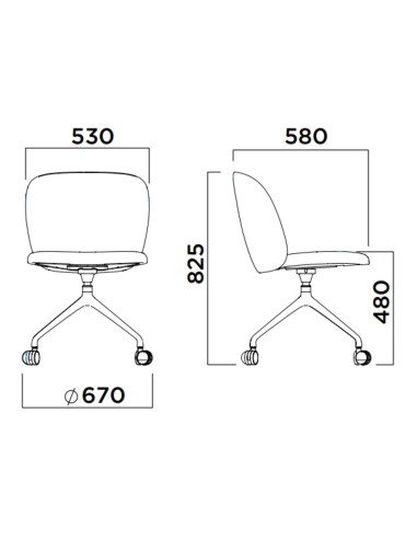 Dimensions de la chaise Volta sur roulettes avec détails des hauteurs et largeurs – Volta