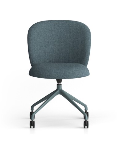 Chaise Volta bleu-gris, piètement métallique sur roulettes et assise capitonnée, vue de face – Volta