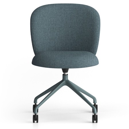 Chaise Volta bleu-gris, piètement métallique sur roulettes et assise capitonnée, vue de face – Volta