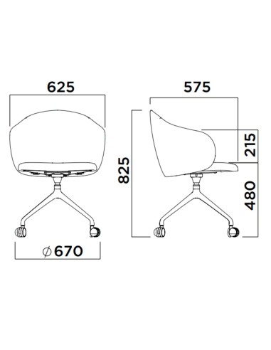 Dimensions de la chaise Volta à roulettes avec mesures précises de l’assise, du dossier et du piètement – Volta