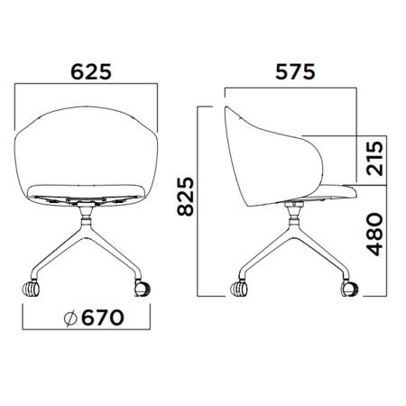 Dimensions de la chaise Volta à roulettes avec mesures précises de l’assise, du dossier et du piètement – Volta
