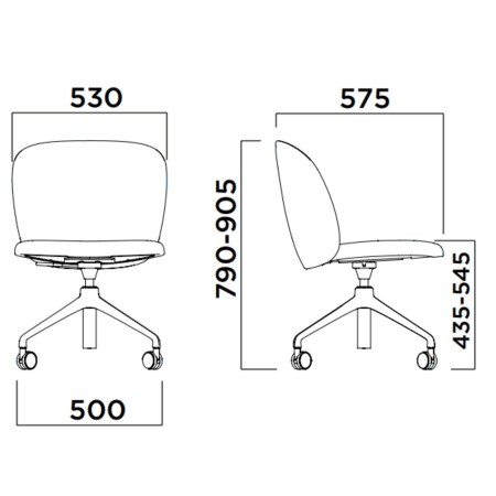 Dimensions de la chaise Volta à roulettes avec hauteur d’assise, profondeur et largeur détaillées – Volta