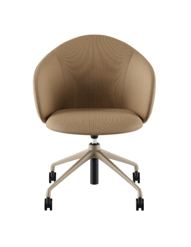 Présentation de la chaise Volta vue de dos, avec dossier enveloppant et piètement noir à roulettes – Volta