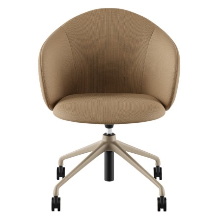 Présentation de la chaise Volta vue de dos, avec dossier enveloppant et piètement noir à roulettes – Volta