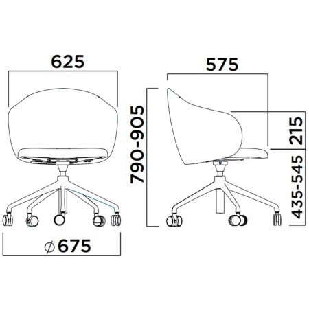 Dimensions précises de la chaise Volta avec piètement à roulettes : hauteur, largeur et profondeur – Volta