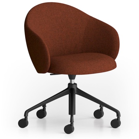 Modèle Volta avec assise et dossier tapissés en rouge brique, piètement noir à cinq branches équipé de roulettes – Volta