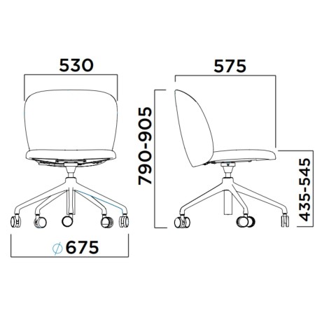Dimensions détaillées de la chaise Volta avec base mobile et roulettes, précisant hauteur, largeur et profondeur – Volta