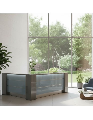 Meuble de réception avec façade bleue dans un espace d'accueil lumineux
