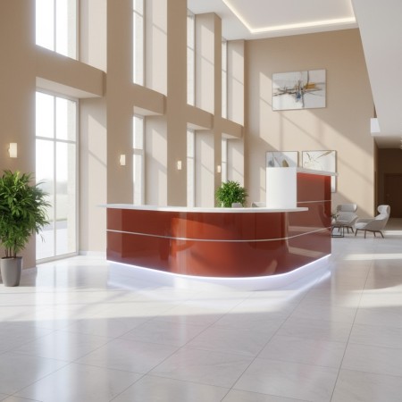 Meuble de réception rouge et blanc dans hall d'entrée d'accueil