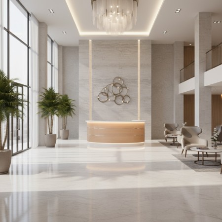 Meuble de réception en forme de courbe dans une hall d'entrée d'hôtel