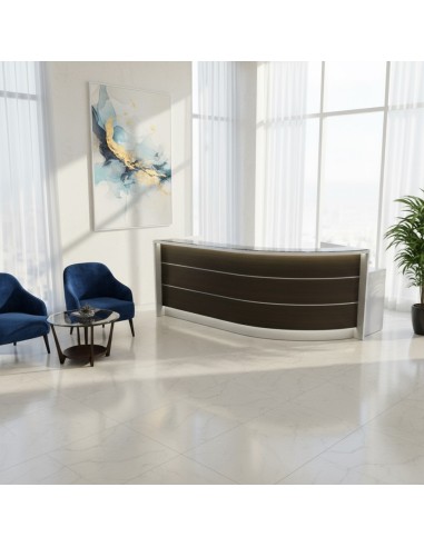 Meuble de réception dans espace d'accueil avec 2 chaises bleues et une table basse